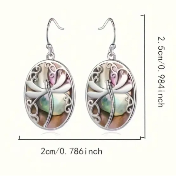 Dragonfly Dangle Hook Earrings Silvertone Abalone Shell - Picture 3 of 3